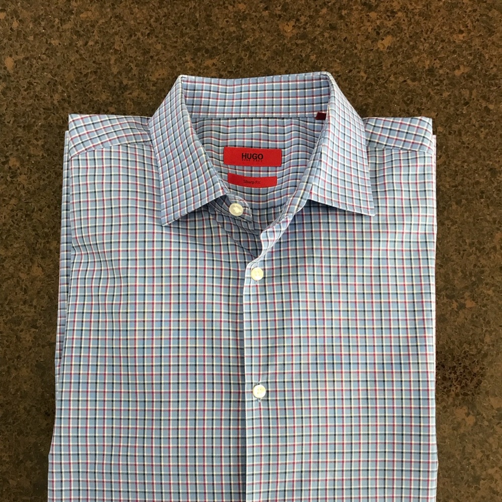NWOT ‘Red Label’ Hugo Boss Blue Plaid Button Down - Picture 3 of 3